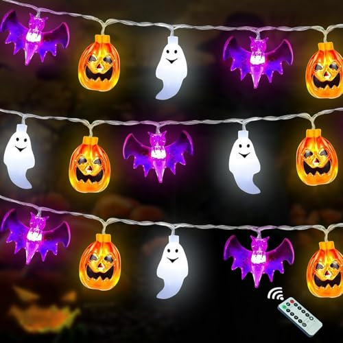 Qunkun Halloween Lichterkette, Halloween Deko, Lichterkette Kürbis Fledermaus Geist Deko, für Outdoor Indoor Party Garten