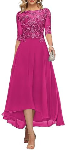 KURFACE Dentelle Applique thé longueur mère de la mariée robes pour mariage avec manches longues en mousseline de soie robe de soirée formelle, rose vif, 38