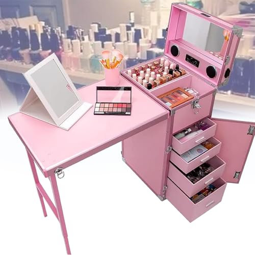DPLWJPP Klappbarer Nageltisch,Tragbarer Mobiler Maniküre-Schreibtisch,Mit Stauraum,360°-Universalrad,Arbeitstisch Und Spiegel,Für Technikersalon,Pink