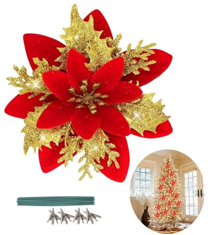 Weihnachtsblumen Blumen, Christmas Tree Decorations 12 Stück, Glitzer Blumen Weihnachten Deko Weihnachtsdeko Blumen, Poinsettia für Weihnachtsbaum Adventskranz, Weihnachtsbaumschmuck (rot)