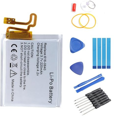 PONDWAY 220mAh 3.7V 616-0640 616-0639 Ersatzakku kompatibel mit iPod Nano 7 7th A1446 kompatibel mit iPod Nano 5th 16G MP3-Musikplayer Wiederaufladbarer Lithium-Polymer-Akku mit Reparaturwerkzeug