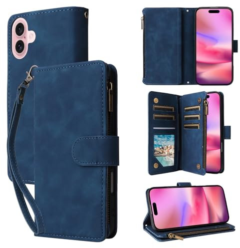 QLTYPRI Case for iPhone 16 Plus 6.7 inch, Large Capacity Leather Wallet Case 6 Card Holder & 1 Zipper Pocket Kickstand Wrist Strap Magnetic Case for iPhone 16 Plus - Blue