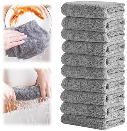 GJV Lot de 10 chiffons de nettoyage réutilisables en microfibre - Torchons à vaisselle en charbon de bambou épais - Absorbants - Faciles à nettoyer