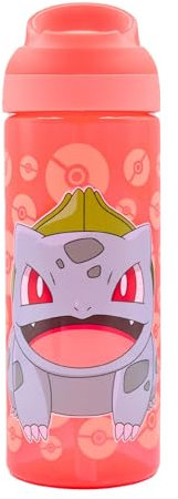 HOX Pokémon Bulbassaur Bouteille d'hydratation réutilisable sans BPA pour enfants avec boucle de transport intégrée, bec rabattable et paille amovible – 600 ml