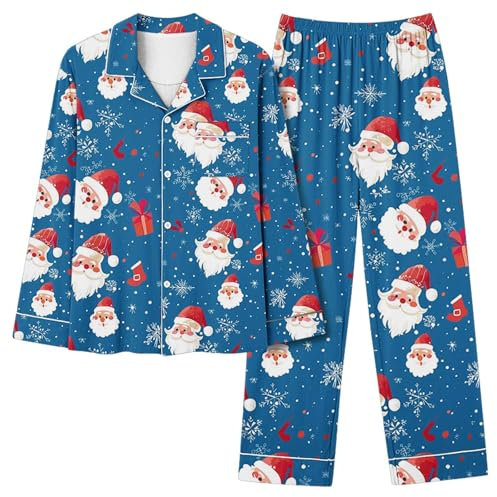 Weihnachtspyjama-Set für Damen, Winter, Thermo-Unterwäsche, langärmelig, Knopfleiste, elastische Taille, lange Unterhose, passendes Pyjama-Set, Weihnachtsdruck, Grafik, Thermounterwäsche-Set, Urlaub,