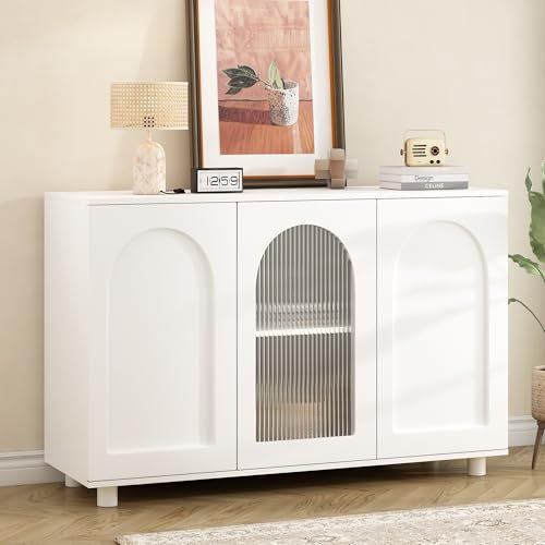 Aparador elegante y sencillo en forma de U, color blanco puro, con puerta de cristal y diseño de rebote, para cocina, salón y comedor