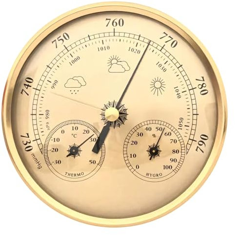 3-in-1 Wetterstation mit Barometer und Luftfeuchtigkeitsmesser, 13.0 cm goldenes Zifferblatt für Zuhause & Außenbereich