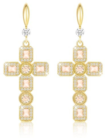 Linawe Kreuz Ohrringe Gold, Damenohrringe Schmuck Ohrringe Gold Hängend, Citrin Gelbe Ohrringe Set, Kristall Strasssteine Ohringe Geburtsstein Moissanite Kreuz Anhänger Ohrringe