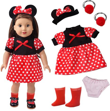 Xerteam Puppenkleidung 43 cm, Puppenkleidung Set für 30-43 cm Baby Puppen, 1 Weißes gepunktetes Puppenkleid, 1 Haarband, 2 Haarstrang, 1 Unterwäsche, 1 Socken, Geschenk für Kinder Mädchen Jungen
