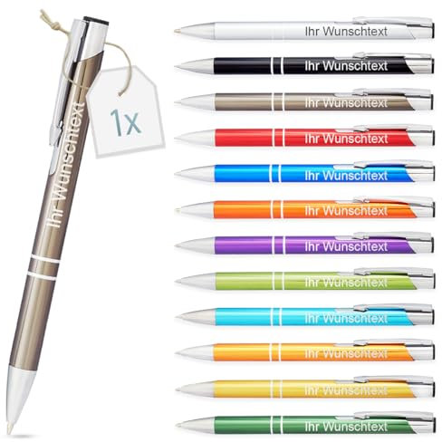 Kugelschreiber mit Gravur | personalisierter Stift mit Wunschtext | blaue Mine | Werbegeschenk & Werbeartikel | personalisierte Kulis für Hochzeit, Büro & Schule (Grau, 1 Stück)