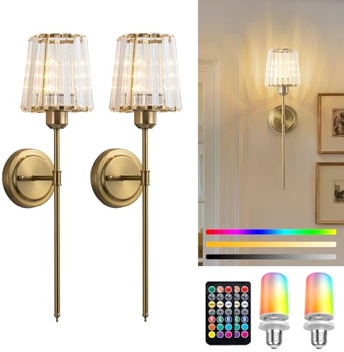 FTL Battery Operated Crystal Wall Lights Set of 2, Gold Rechargeable Wall Sconce with RGB Bulb & Remote, USB Battery Powered Wall Lamp, Wireless Dimmable Sconce Wall Decor for Hallyway Living Room