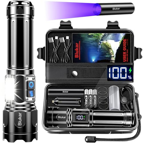 Blukar Taschenlampe LED 2 Farbtemperatur mit Hauptlicht & Seitlich COB | Aufladbar Extrem Hell Stufenlos Dimmbar Taschenlampen Zoombar Handlampe, 7 Modi Wasserdicht Flashlight für Outdoor Notfäll
