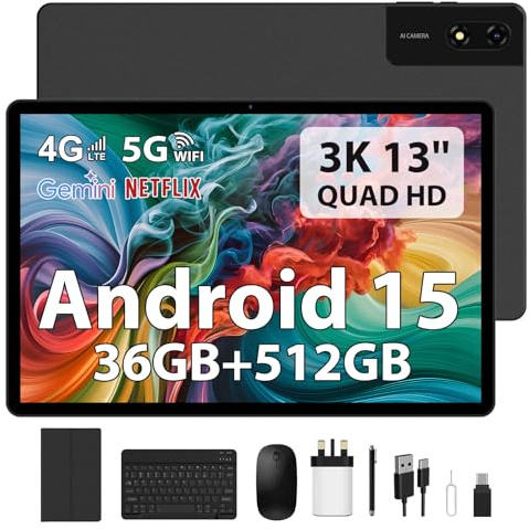 GAMORZE Tablet 13 INCH Android 15.0 Octa-Core 36GB RAM+512GB ROM (2TB Expandable), INCELL FHD 2944 * 1840, 4G LTE/5G WIFI/2.2GHz/13MP/11580mAh/GPS, Tablet with keyboard/MouseCase/Stylus-Black