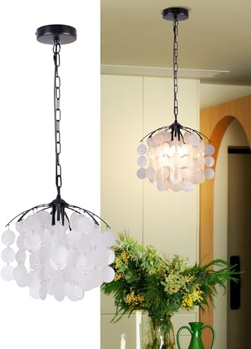 bomiel Capiz Muschel Pendelleuchte D32cm, Schwarzer Kronleuchter aus Muscheln, Höhenverstellbare Hängelampe mit E27 Fassung für Wohnzimmer, Esszimmer, Flur, Boutiquen (ohne Leuchtmittel)