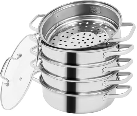 Dampfgarer Topf 5 Etagen Edelstahl Dampfkocher Mantowarka mit 4 Dampfgitter Dampftopf Kartoffeldämpfer Dampfgartopf Dampfgarer Kochtopf. Durchmesser 28 cm