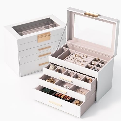 Schmuckkästchen mit Glasdeckel,Schmuckkasten mit 4 Ebenen, Schmuck Organizer mit Glasdeckel, 3 Schubladen,für Halsketten, Ohrringe, Uhren, Armbänder, Schmuckaufbewahrung, Cinderella Plus (weiß)