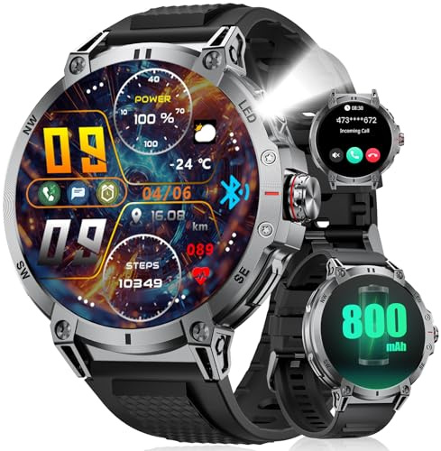 SUNKTA 1,85″ HD Smartwatch für Herren Militär 800 mAh Großer Akku Smart Watch für iOS Android Bluetooth-Anrufe LED-Lampe,Gesundheitsüberwachung, Schlafmonitor,100+ Sportmodi Fitnessuhr,Schwarz Silikon