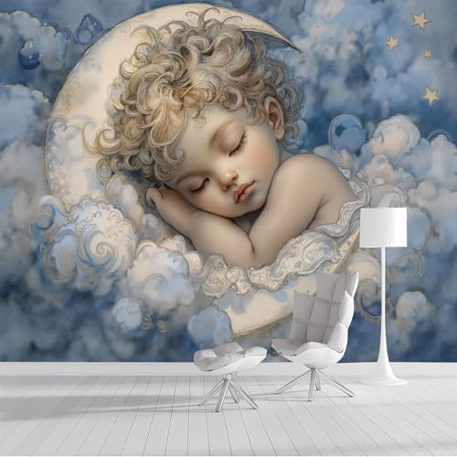 DACRWEKZ Papier Peint Panoramique Style dessin animé mignon Des Bébé dormant dans un croissant de lune papier peint Pour fille, garçon Décoration Murale papiers peint chambre enfant Bleu, 300x210cm