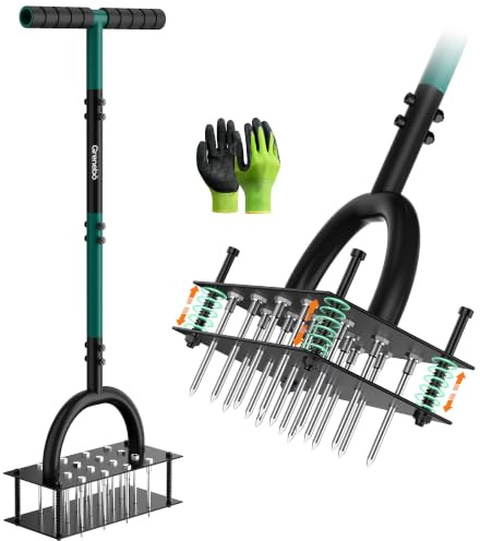 Grenebo Lawn Aerator Manual Aerator Lawn Tool with 16 Spikes, Metal Grass Aerator for Yard, Lawn Aeration, Automatic Soil Ejection, Pre-Assembled Lawn Aerator Tool, Green