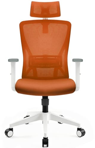 Durrafy Silla de Oficina Ergonómica, Reposacabezas y Soporte Lumbar Ajustables, Malla Transpirable, 120° Inclinación（No se Puede Bloquear）, 360° Giratoria, Carga 150kg. (Gris)