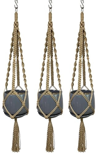 HANPO Maceta colgante de macramé de 4 patas de yute natural con decoración de cuentas de madera y anillo de metal de 48 pulgadas para maceta de 10 pulgadas (3)