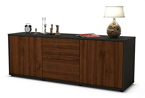 Stil.Zeit TV Schrank Lowboard Alma, Korpus anthrazit matt, Front Holz Design Walnuss (135x49x35cm), Push to Open Technik & Leichtlaufschienen