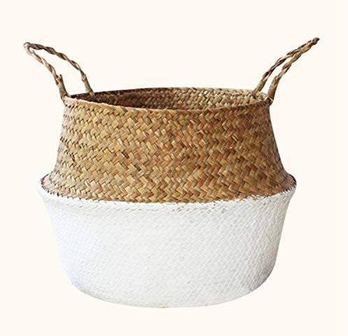 Gwill Cesta plegable para el ombligo de hierba de mar tejida natural, cesta de paja para almacenamiento, lavandería, picnic, maceta y bolsa de playa