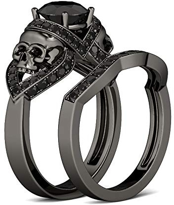 Jeulia 4.62 Carat Schwarz Schädel Ringe Set Rundschliff Sterling Silber Ringe Set Schmuck für Verlobungsring Trauring Ehering für Frauen und Mädchen mit Geschenkbox