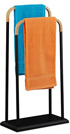 Relaxdays Porte-Serviettes sur Pied, Support Serviette, 2 Barres en Bambou, pour Serviettes et Gants, 85x45x22 cm, Noir