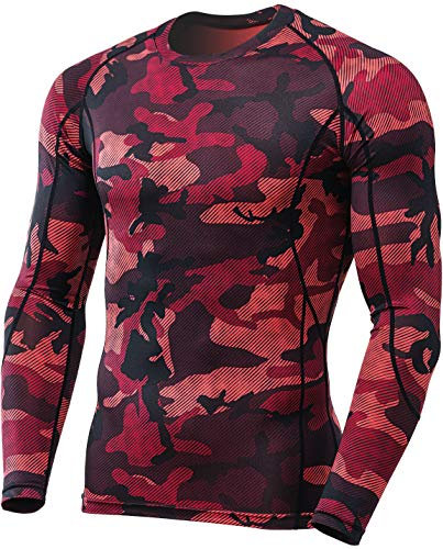 TSLA Men's Cool Dry Fit Long Sleeve Compression Shirts, Athletic Workout Shirt, Sports Base Layer T-Shirt, Active Long Sleeve Woodland Slash Red, S