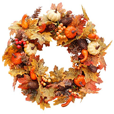 Couronne de Citrouille de Feuille d'érable d'automne Couronne de Porte d'automne Couronne de Noël Artificielle avec des Baies de Citrouille cône de pin érable
