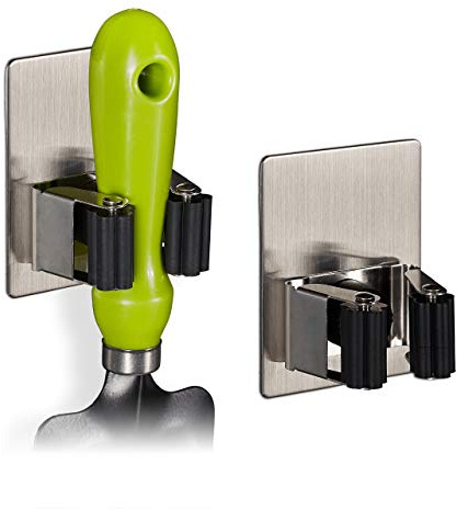 Relaxdays Gerätehalter, 2er Set, selbstklebend, 3kg Tragkraft, silber | Haus und Garten, Edelstahl, Gummi, Besenhalter