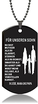 HAYOUWAY Personalisiert Dog Tag Kette Herren mit Gravur Inspirierende Text für Meine Sohn Männer, Edelstahl Dog Tag Anhänger Halskette Geschenke für Unsere Sohn von Mama und Papa