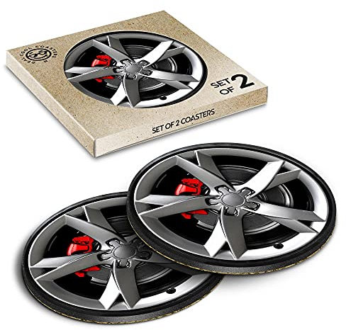 2 x Eco Boxed Cork Coasters - Car Alloy Wheel and Caliper Drink Cup Mug Glass Table Mat #3922