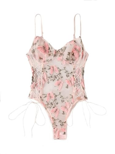 Lilosy - Body da donna sexy con pizzo e ricamato, con motivo floreale, Farfalla#rosa, 3XL