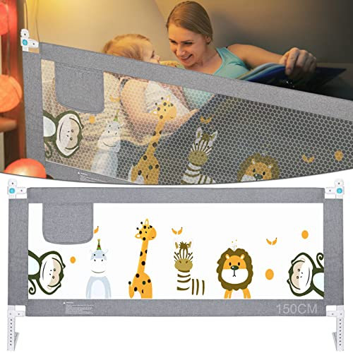 HILEYOLLA Barrera Seguridad Niños Cama 150cm, Barandilla Cama Niño con de Elevación Vertical Barrera Cama Anticaída (1 Lado)