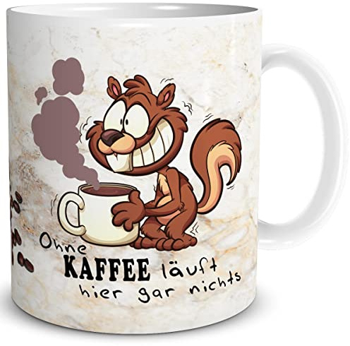 TRIOSK Tasse Eichhörnchen mit Kaffee Spruch lustig Kaffee Läuft Geschenk für Arbeit Büro Kollegen Frauen Männer Kaffeeliebhaber Beige, Keramik 300ml