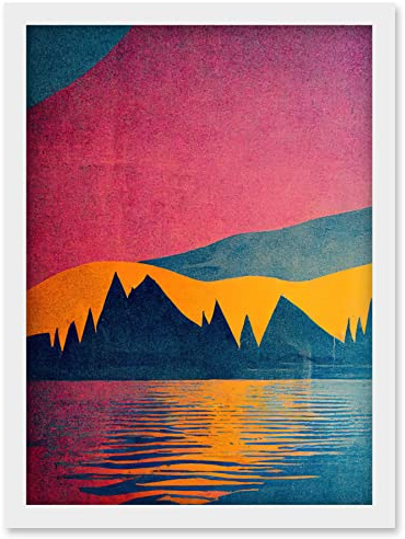 Wee Blue Coo Sunset at Lakeside Modern Colourful Pop Art Design Artwork Framed Wall Art Print A4