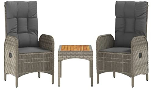 Festnight 3-TLG. Polyrattan Gartenmöbel Essgruppe Gartensessel Polyrattan Verstellbar Liegesessel mit Kissen und Tisch Gartenstuhl Hochlehner Verstellbar Outdoor Sitzgruppe Balkonmöbel Grau