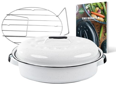 GRANITEWARE – Olla Roaster blanca de tamaño mediano – Acero esmaltado – Oval – 4L – Ultraligera – Rejilla de cocción de acero inoxidable + libro de 35 recetas