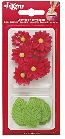 Dekozauber24 Essbare Blumen für die Torte, rote Zuckerblumen, vegetarisch, 7 Blüten, mit 5 Blättern, essbare rote Tortendeko für Muffins, Cupcakes, Torten und mehr