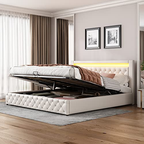 Merax Polsterbett 180x200cm, Funktionsbett Doppelbett mit Bettkasten & Lattenrost, Hydraulisches Bettgestell mit Gepolstertes Kopfteil & LED-Beleuchtung, PU, Metallrahmen, Ohne Matratze, Weiß