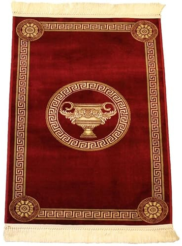 Belle Arti Premium Mäander Teppich Wohnzimmer Schlafzimmer Kurzflor in rot gold - handgeküpfte Fransen Mäander Amphore Muster weich rutschfest antiallergisch Seidenoptik 100% Viskose - rot, 100x140 cm