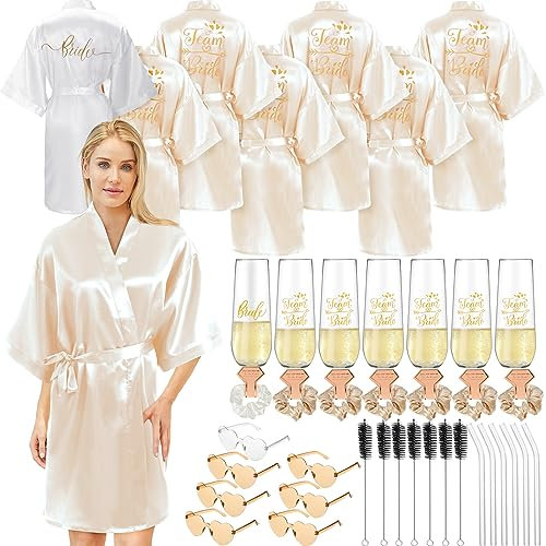 Panitay 42 Pcs Bridesmaids Proposal Gift Bridal Robes Sets Heart Sunglasses Champagne Flutes for Wedding, Champagne, One Size