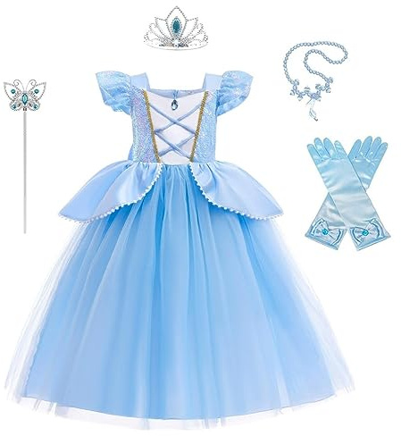 Lito Angels Prinzessin Cinderella Aschenputtel Kostüm Kleid Verkleidung mit Zubehör für Kinder Mädchen, Größe 5-6 Jahre 116, Blau (Tag-Nummer 130)