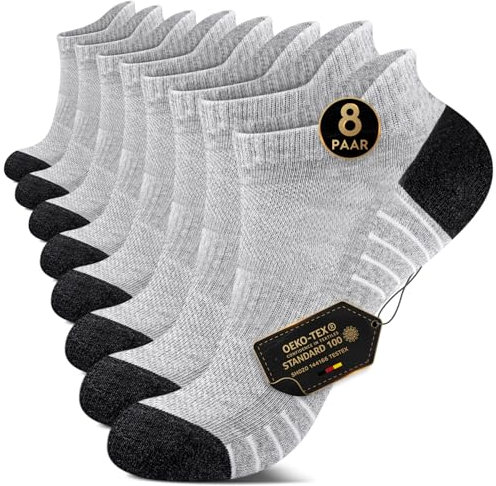 EKSHER 8 Paar Sportsocken Herren 43-46 Cushioned Sneaker Socken Damen Kurze Laufsocken Tennissocken Wandersocken Frotteesohle Baumwolle Halbsocken Atmungsaktive Hellgrau