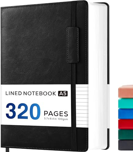 NIRMIRO Notizbuch A5 Liniert, Hardcover Bullet Journal Tagebuch aus Leder für Erwachsene Frauen Männer Arbeit Büro Schule, 320-seitiger Dickem Papier Notizblock, 14 x 21 cm, Schwarz