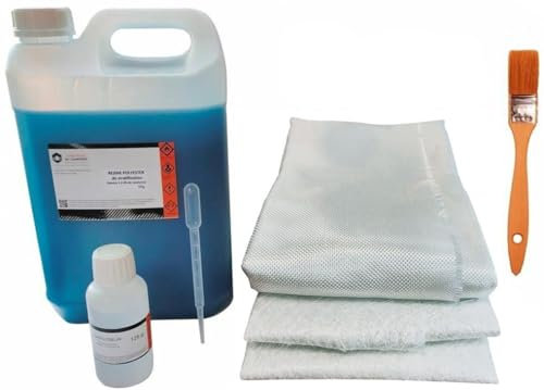 Kit de Résine Polyester 5kg avec 125g de Catalyseur, 5m² de Mat de Verre 300g et Roving 300g - Inclus Pinceau et Pipette - Idéal pour Projets de Réparation et Créations DIY