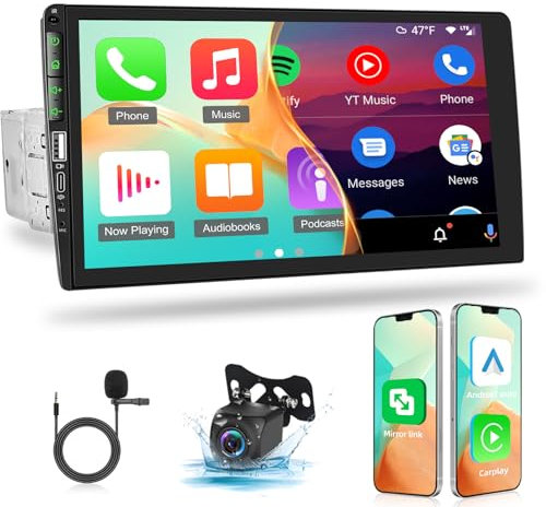 1 Din Autoradio mit Carplay und Android Auto - 9 Zoll HD Touchscreen Bildschirm MP5 Player Unterstützung IOS/Android Mirror Link FM Bluetooth Streer Wheel Control AUX + Rückfahrkamera & LED Mic