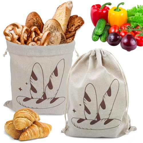 Leinen Brotbeutel 2er Set Wiederverwendbare Brotbeutel Brotsack Leinen mit Kordelzug Brotsack zum Frischhalten Brot Aufbewahrung Brot Backen für Baguette Brotsack Obst Brot Gemüse(39 x 29cm)